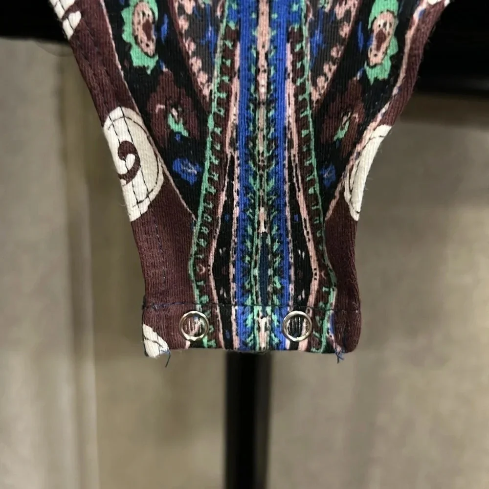 Free People Women’s LS  Lace-Up Scoop Neck Blue Paisley Bodysuit Size Medium NWT